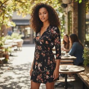 NWOT Lush Kendal Floral Faux Wrap Dress, Black Floral, Medium, fall, juniors